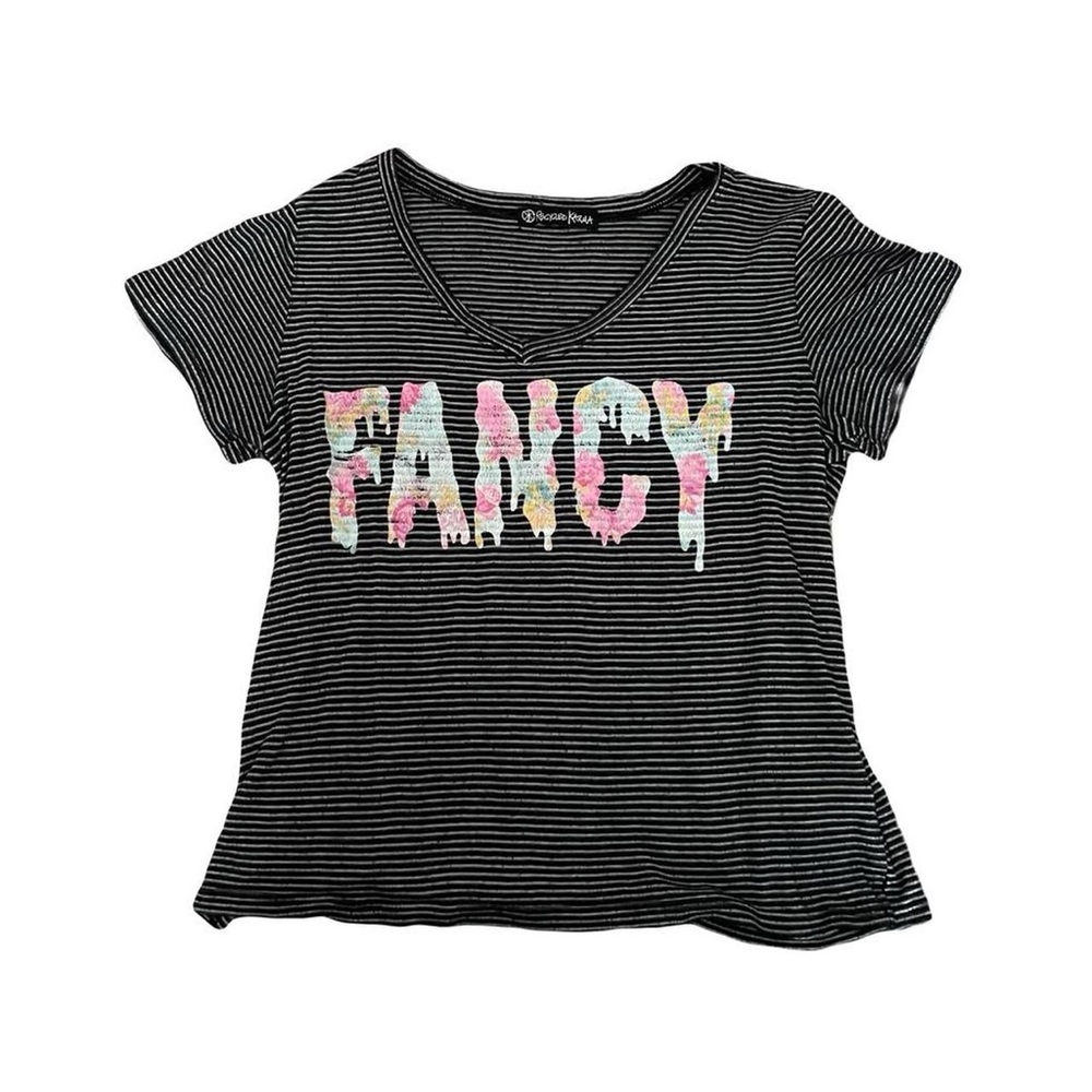 Recycled Karma Black Striped Women’s Tee with Colorful 'FANCY' Print
